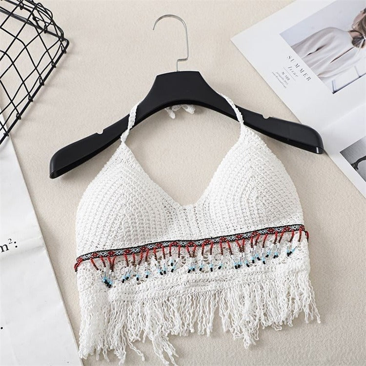 Hanging Neck Small Tank Top with Inner Strap and Chest Pad Open Back Hollow Bra Embroidered Tank Top Women's Short Top
