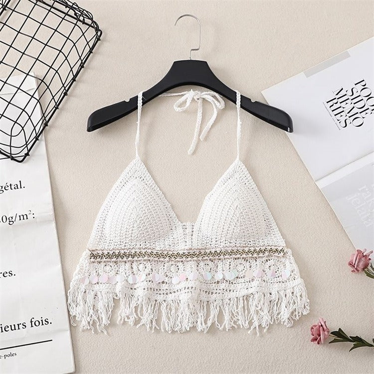 Hanging Neck Small Tank Top with Inner Strap and Chest Pad Open Back Hollow Bra Embroidered Tank Top Women's Short Top