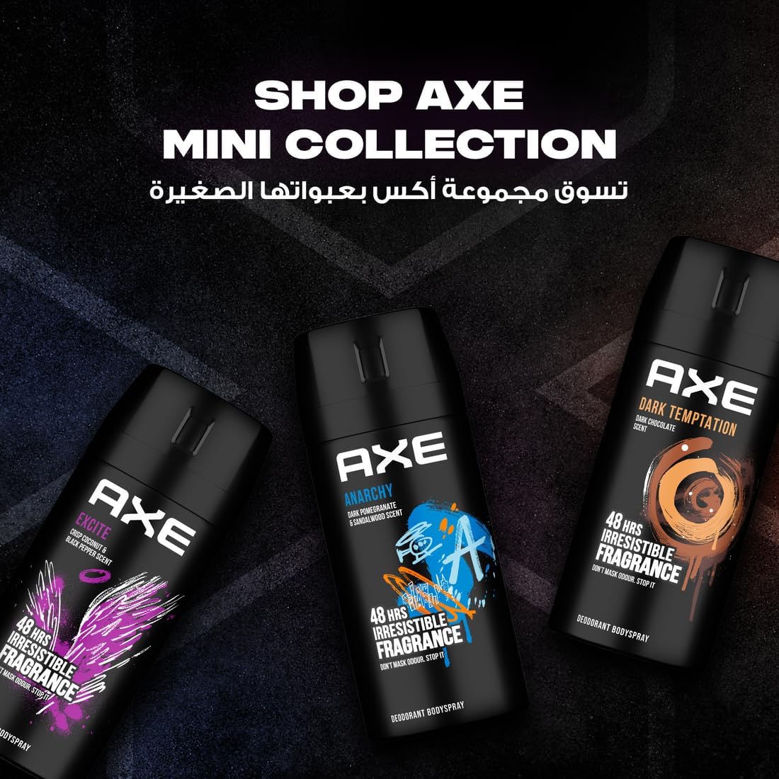 Axe Mini Men Deodorant Body Spray, Anarchy, 48 hours of irresistible fragrance, 120ml x 3