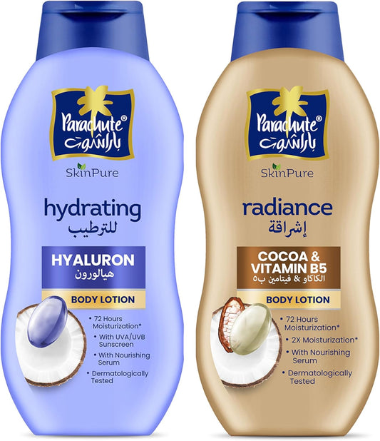 Parachute Skinpure Hydrating Hyaluron Body Lotion 400 ML + Parachute Skinpure Radiance Cocoa and Vitamin B5 Body Lotion 400 ML
