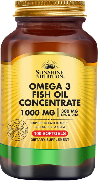 SUNSHINE NUTRITION Omega 3 Fish Oil Concentrate 1000 Mg 100 Soft Gels