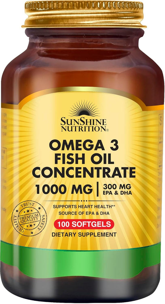 SUNSHINE NUTRITION Omega 3 Fish Oil Concentrate 1000 Mg 100 Soft Gels