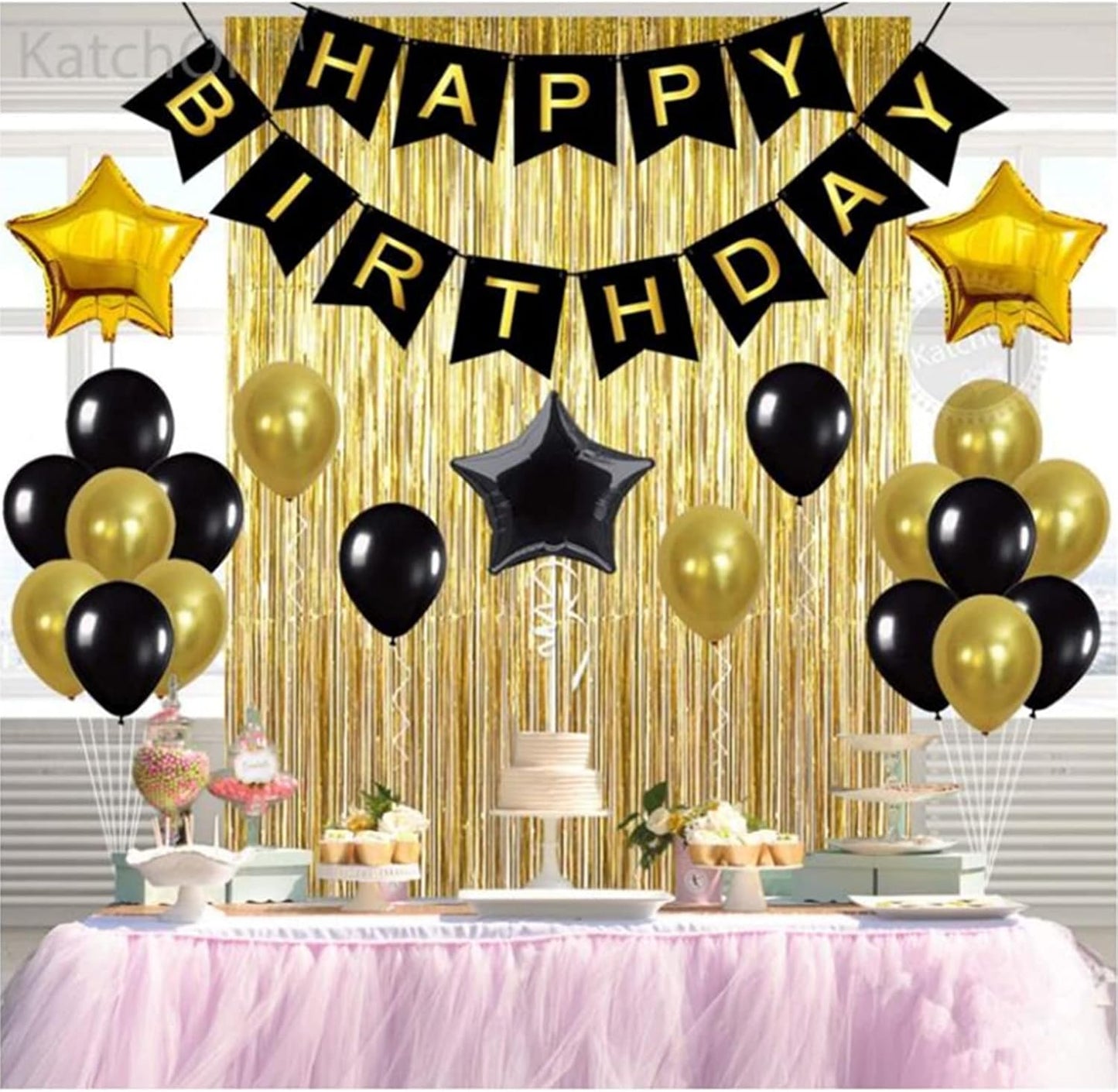 Black,Gold Balloons and Paper Pom Poms Party Supplies for Birthday Decoration With Pale Champagne Metallic Foil Fringe Tinsel Curtain Happy Birthday Party Decoration Backdrop,Black Decoration Kit