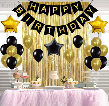 Black,Gold Balloons and Paper Pom Poms Party Supplies for Birthday Decoration With Pale Champagne Metallic Foil Fringe Tinsel Curtain Happy Birthday Party Decoration Backdrop,Black Decoration Kit