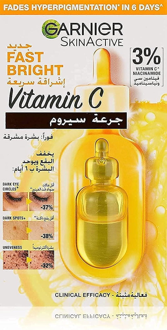 Garnier Fast Bright Vitamin C Brightening Ampoules For Dark Circles, Multipack, Hyperpigmentation Ampoules 3% Vitamin C & Niacinamide (12 X 1.5ml)