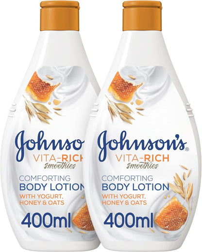 Johnson's Body Lotion - Vita-Rich Smoothies, Comforting Yogurt, Honey & Oats Formula, 400ml, 1+1 FREE, Hydrating and Nourishing for Soft, Smooth Skin