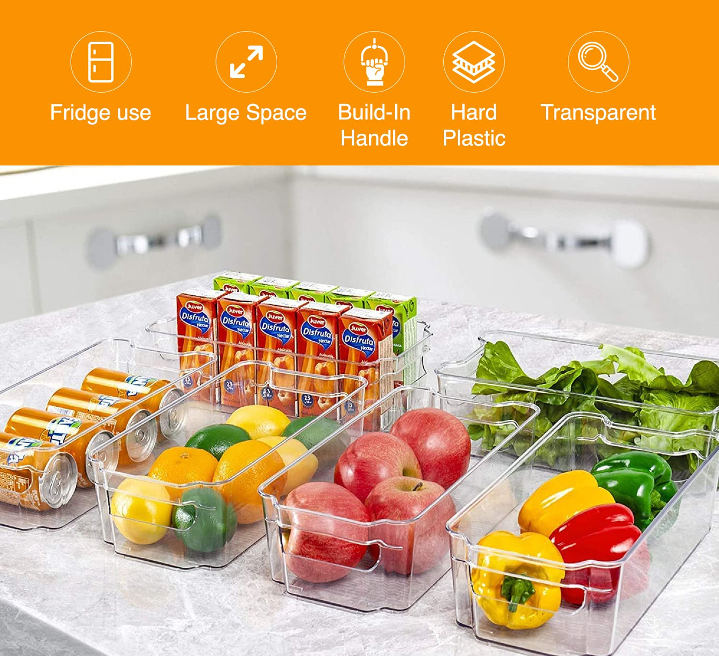 Genr 4pcs Refrigerator Organizer Bins (Large) - Food Storage Clear Bins With Handles - Clear Fridge Storage Bins For Fruit And Vegetable Storage, Freezer, Cabinet Kitchen Organizer تخزين منظم