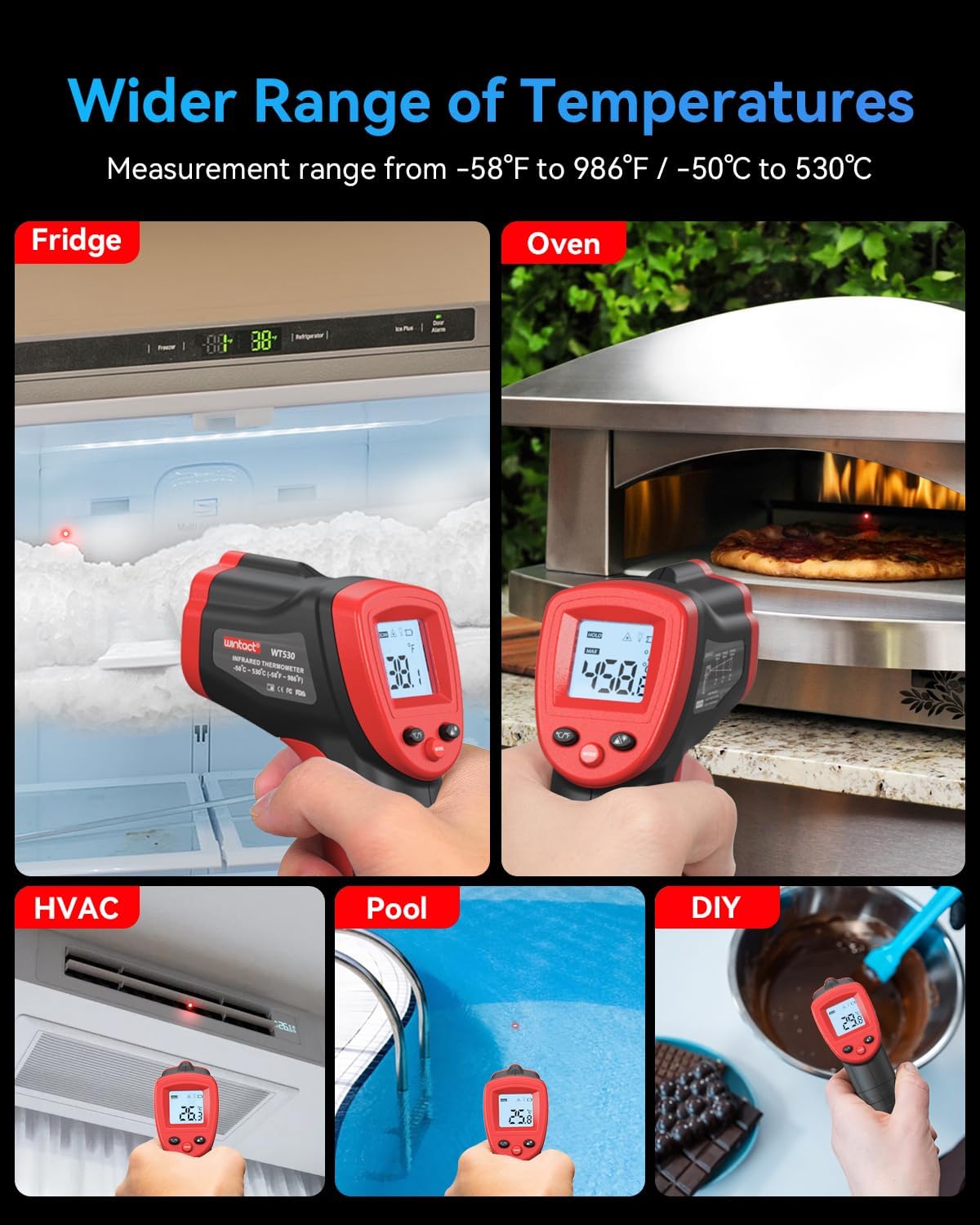 Wintact Infrared Thermometer Gun, Digital Laser Surface Thermometer, Heat Temperature Gun for Kitchen Cooking Food Meat, Pizza Oven, Griddle Accessories, HVAC, Grill, Pool, Engine, -50℃ to 530℃