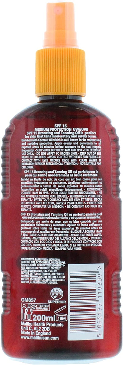 Malibu Spf 15 Bronzing Tanning Oil With Coconut, 200 Ml