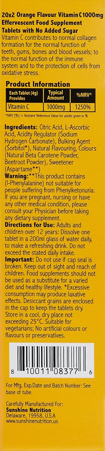 Sunshine Nutrition Vitamin C Orange Effervescent 20 Tablets x Pack of 2) (40 tabs)