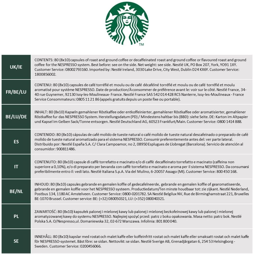 Starbucks Variety Pack 8 Flavour by Nespresso Coffee Pods (Pack of 8, Total 80 Capsules)
