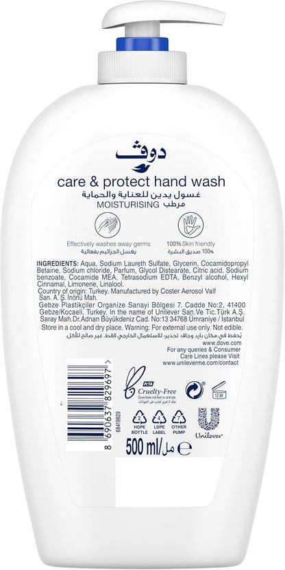 DOVE Care & Protect Moisturising Hand Wash, 100% sensitive skin friendly, Original, with ¼ moisturising cream, 500ml