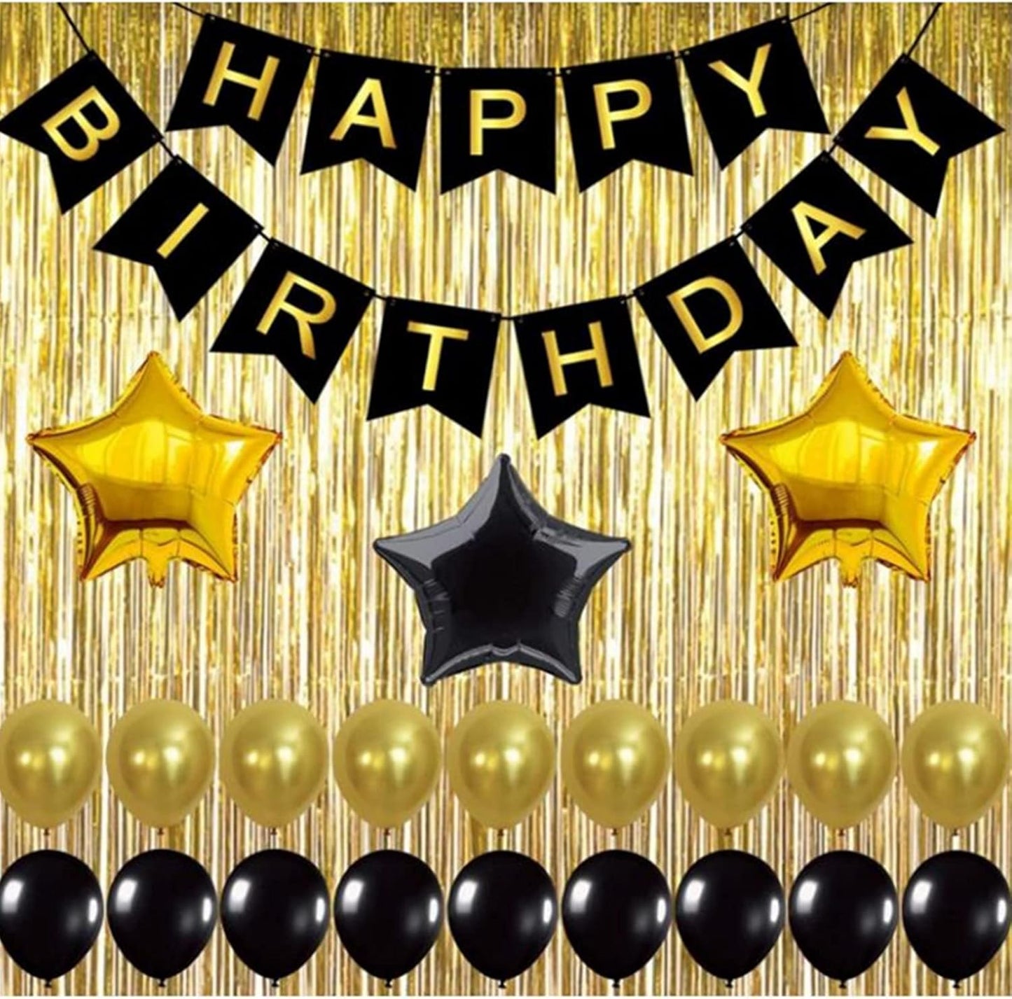 Black,Gold Balloons and Paper Pom Poms Party Supplies for Birthday Decoration With Pale Champagne Metallic Foil Fringe Tinsel Curtain Happy Birthday Party Decoration Backdrop,Black Decoration Kit