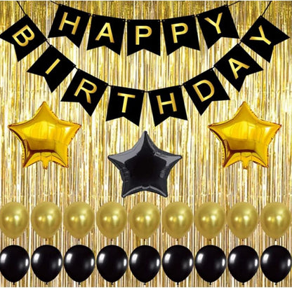 Black,Gold Balloons and Paper Pom Poms Party Supplies for Birthday Decoration With Pale Champagne Metallic Foil Fringe Tinsel Curtain Happy Birthday Party Decoration Backdrop,Black Decoration Kit