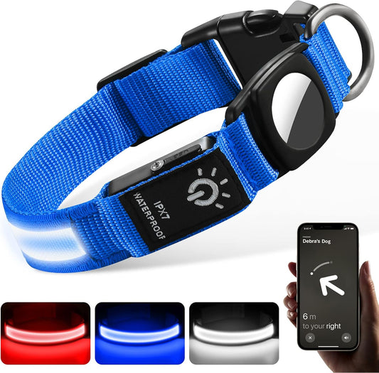 LED Air tag Dog Collar, Dog Collar with Airtag Holder[IPX7 Waterproof], Light Up Dog Collar Compatible with Apple AirTags, Durable Rechargeable Lighted Air tag Pet Collar for Small Dogs(S, Blue)