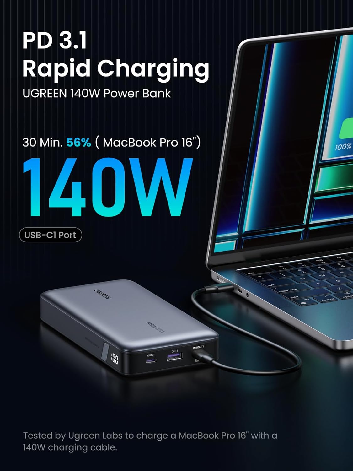 UGREEN Power Bank 20000mAh, 100W Fast Charging Portable Charger, Laptop Charger Portable with 2 USB-C and 1 USB-A Port, Battery Pack for MacBook, Dell, iPhone 16-12 Series, Samsung S25U, iPad, AirPods