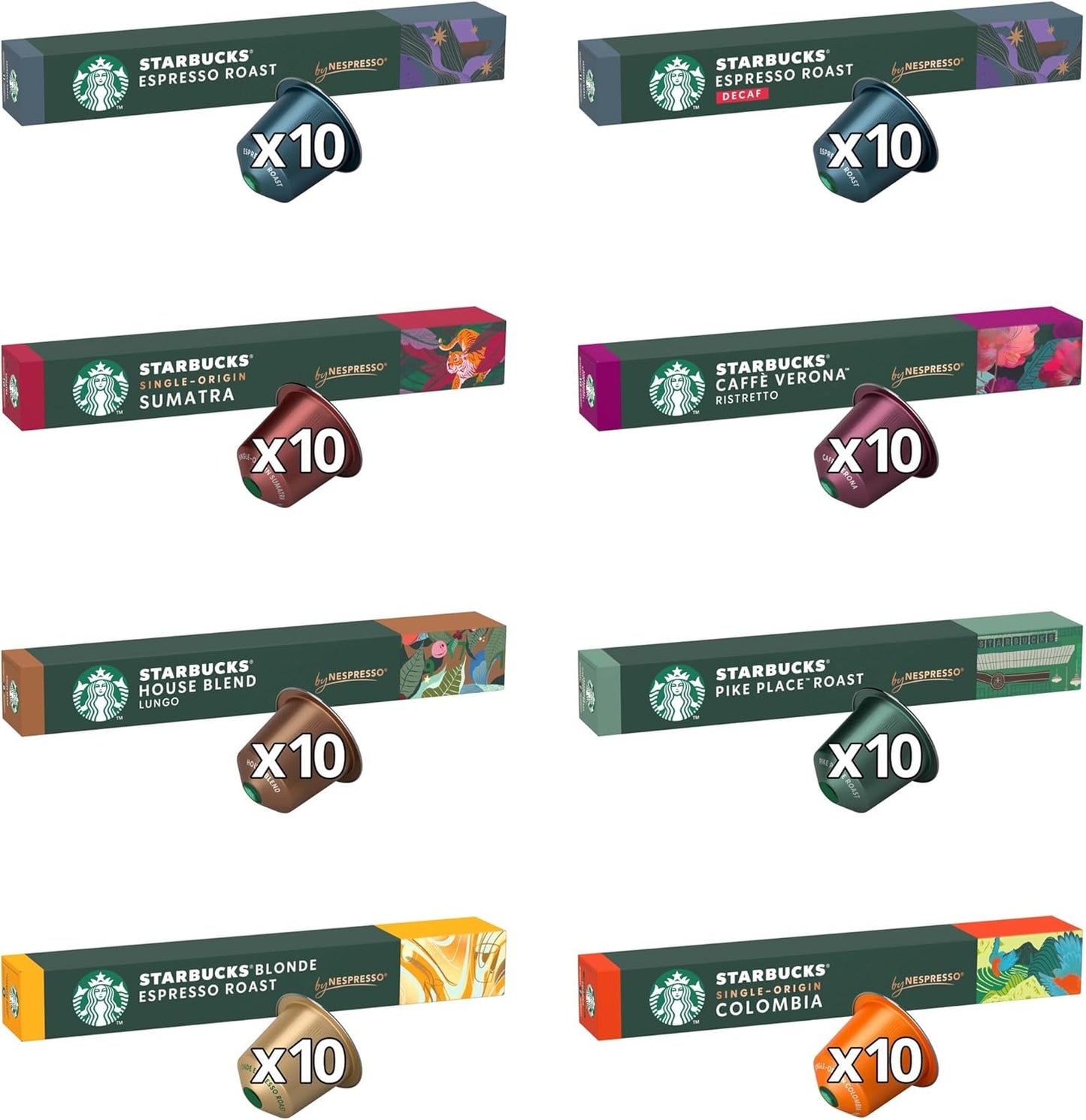 Starbucks Variety Pack 8 Flavour by Nespresso Coffee Pods (Pack of 8, Total 80 Capsules)