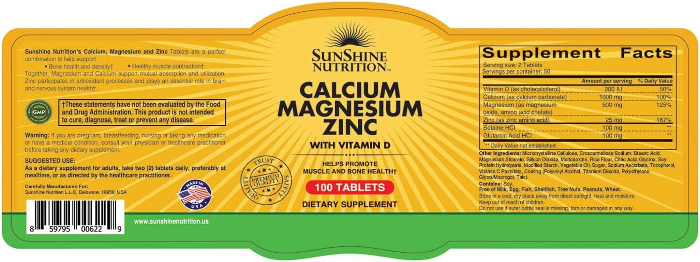 Sunshine Nutrition Calcium Magnesium Zinc With Vitamin D, 100 Tablets