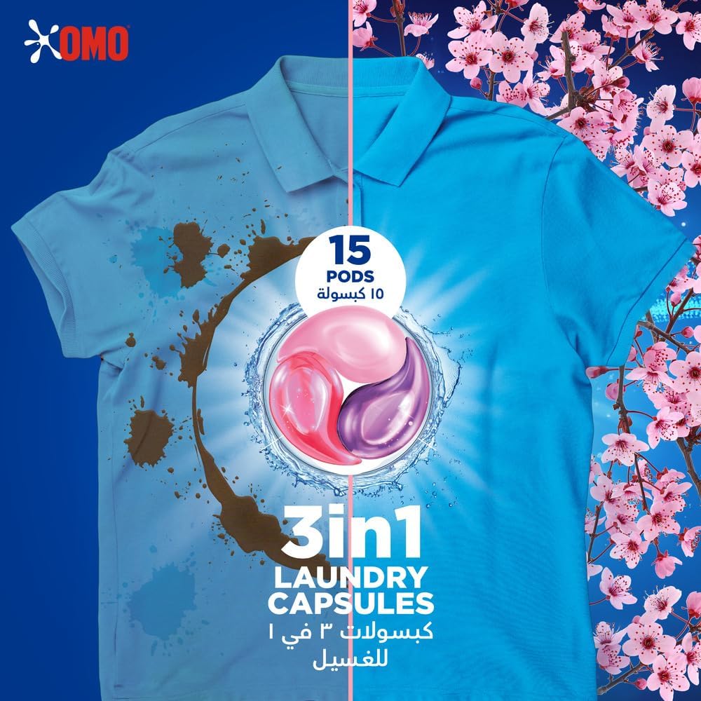 OMO Comfort 3in1 Laundry Capsules, Cherry Blossom Freshness, Removes 99 Types of Stains, 15 Capsules