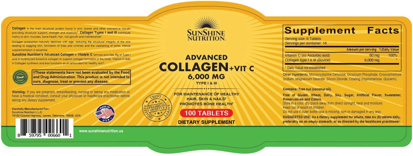 Sunshine Nutrition Advanced Collagen + Vitamin C 100 Tablets