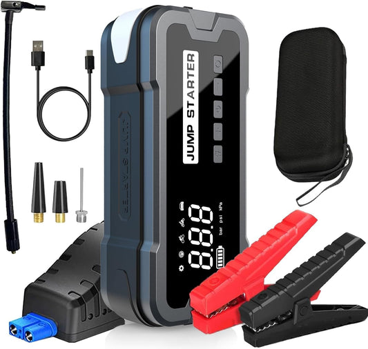 Generic Portable Car Jump Starter with Air Compressor, 4000A Peak Jump Starter Battery Pack (6.0 Gas/3.0L Diesel), Safe Car 12V Emergency Auto Jumper Box with Display, Emergency Light,USB Port