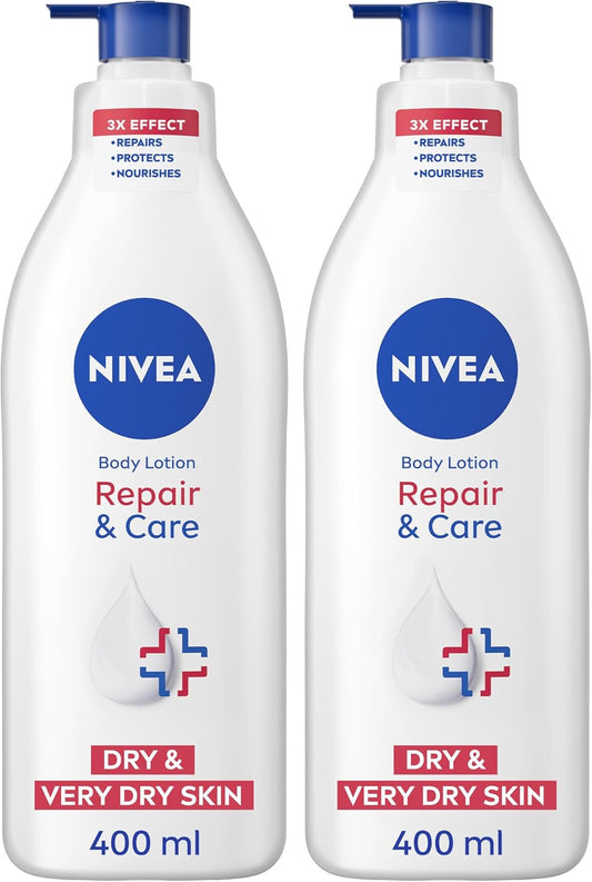 NIVEA Body Lotion for Very Dry Skin, Repair & Care, with Deep Moisture Serum and Dexpanthenol, 72H Relief from Dry & Tight Skin, 400ml (Packaging May Vary)