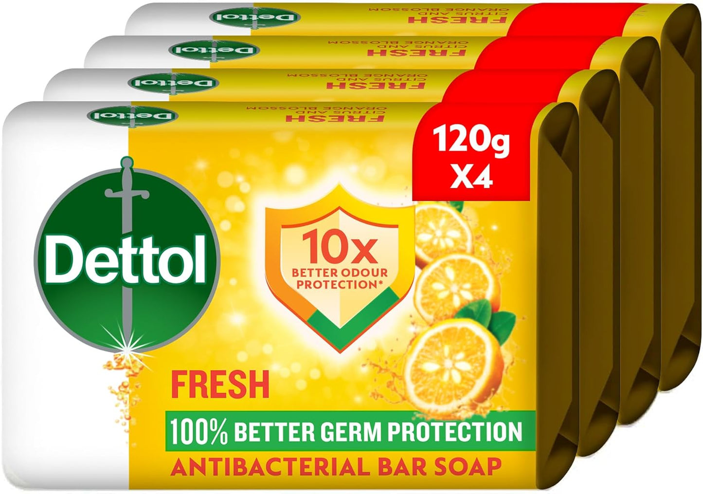 Dettol Fresh Anti-Bacterial Bathing Soap Bar Citrus & Orange Blossom Scent, 120g x4