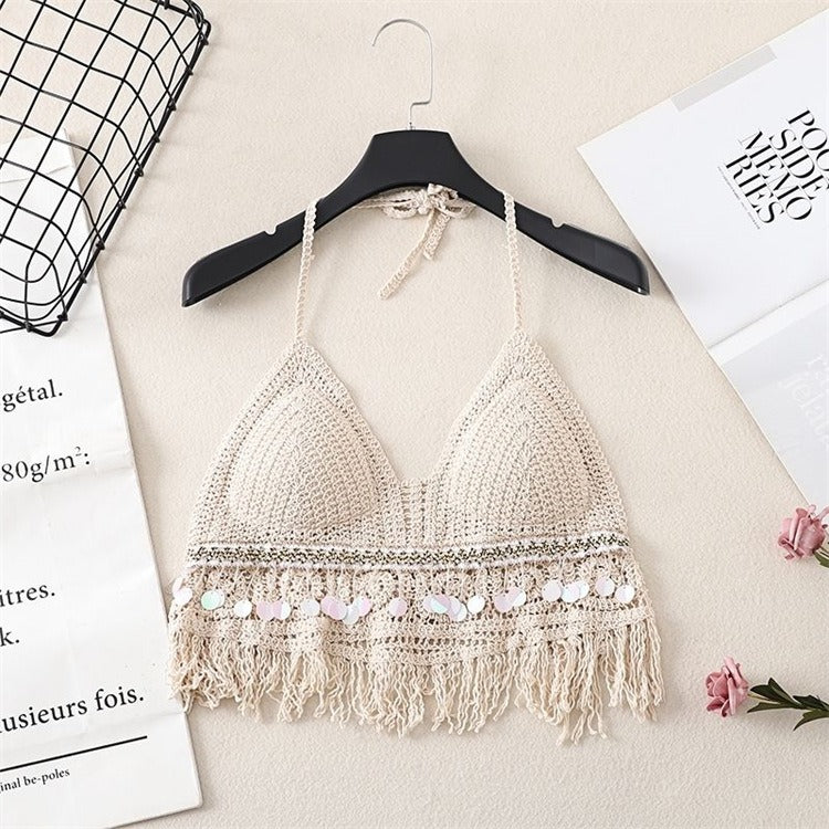 Hanging Neck Small Tank Top with Inner Strap and Chest Pad Open Back Hollow Bra Embroidered Tank Top Women's Short Top