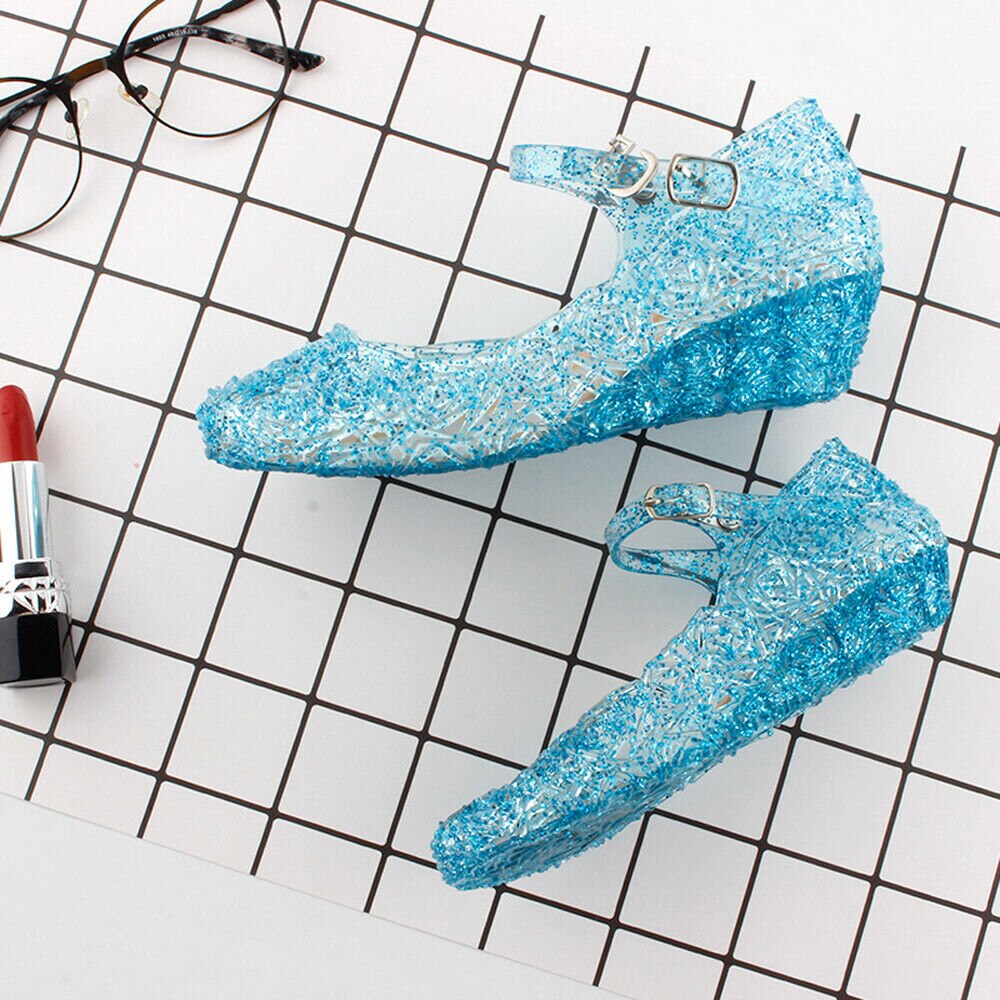 New Kids Girls Crystal Jelly Sandals Princess Blue Cosplay Party Dance Shoes