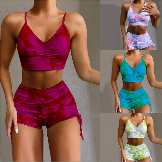 Swimsuit Ladies Sexy Tie-dye Print Suspenders Conservative Split Swimsuit + High Waist Shorts Swim Trunks Maillot De Bain Hot