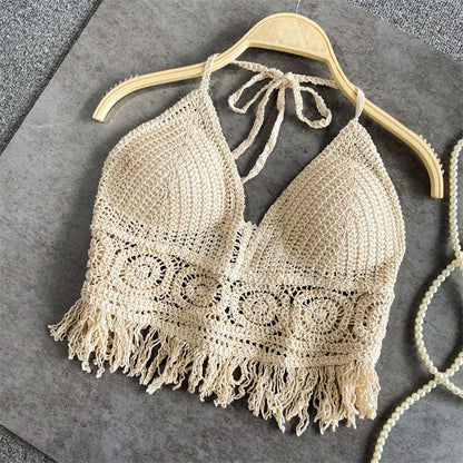 Hanging Neck Small Tank Top with Inner Strap and Chest Pad Open Back Hollow Bra Embroidered Tank Top Women's Short Top