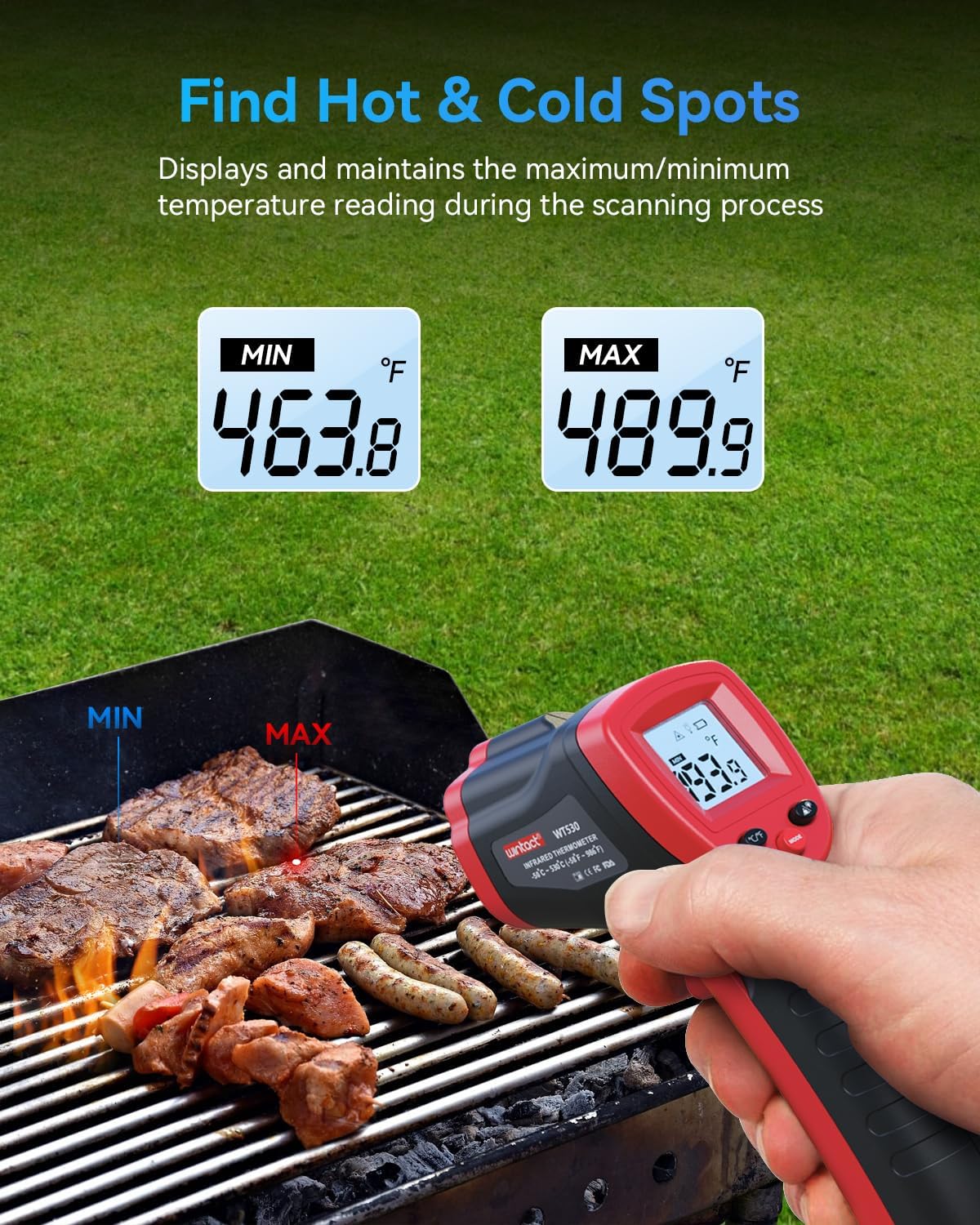 Wintact Infrared Thermometer Gun, Digital Laser Surface Thermometer, Heat Temperature Gun for Kitchen Cooking Food Meat, Pizza Oven, Griddle Accessories, HVAC, Grill, Pool, Engine, -50℃ to 530℃
