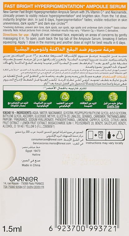 Garnier Fast Bright Vitamin C Brightening Ampoules For Dark Circles, Multipack, Hyperpigmentation Ampoules 3% Vitamin C & Niacinamide (12 X 1.5ml)