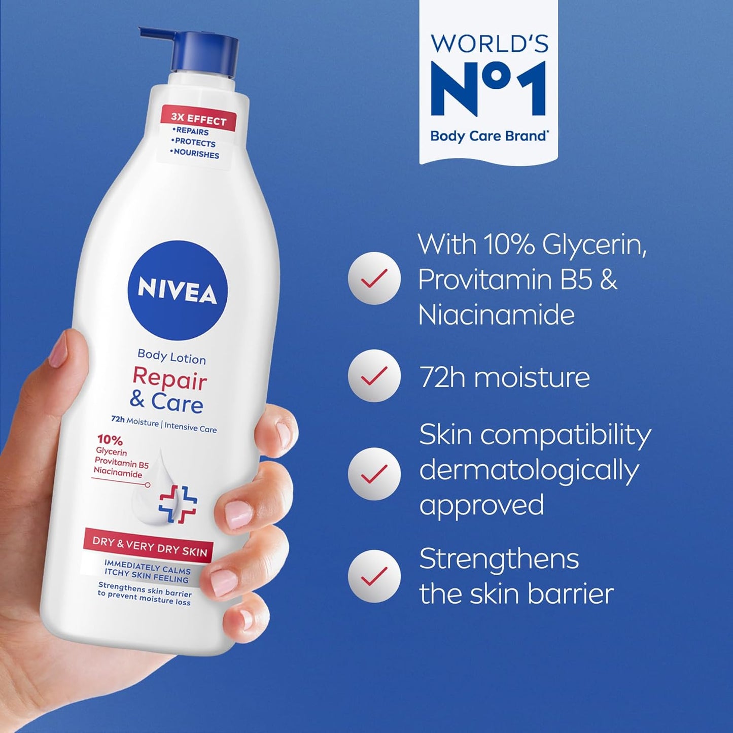 NIVEA Body Lotion for Very Dry Skin, Repair & Care, with Deep Moisture Serum and Dexpanthenol, 72H Relief from Dry & Tight Skin, 400ml (Packaging May Vary)