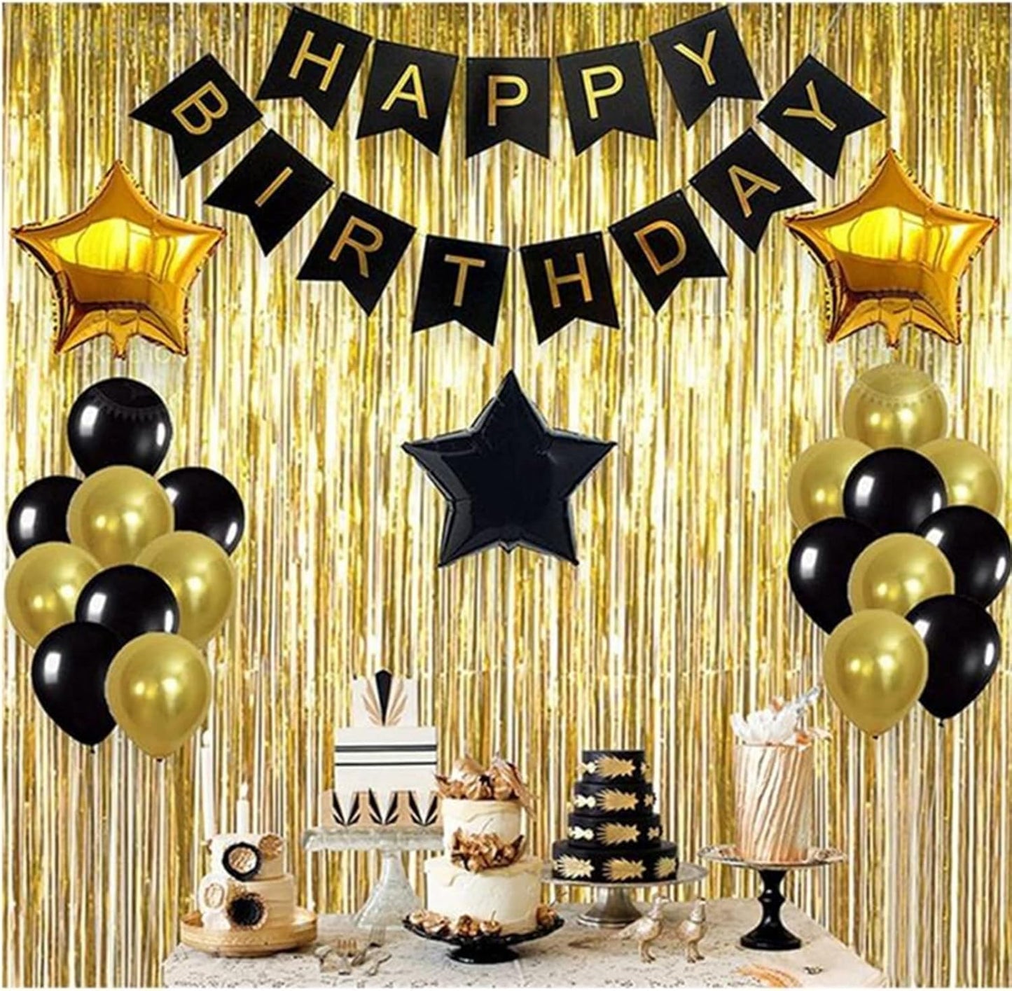 Black,Gold Balloons and Paper Pom Poms Party Supplies for Birthday Decoration With Pale Champagne Metallic Foil Fringe Tinsel Curtain Happy Birthday Party Decoration Backdrop,Black Decoration Kit