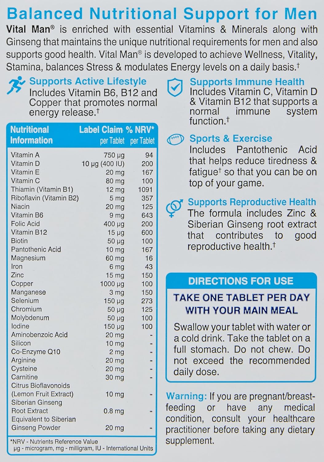 VITAL MEN Original Active Lifestyle Support | With Vitamins B6 & B12 & 29 Key 45 Tablets