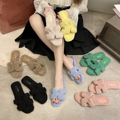 Wearing 7 colors lamb fur slippers for external wear women's H-shaped suede one line drag