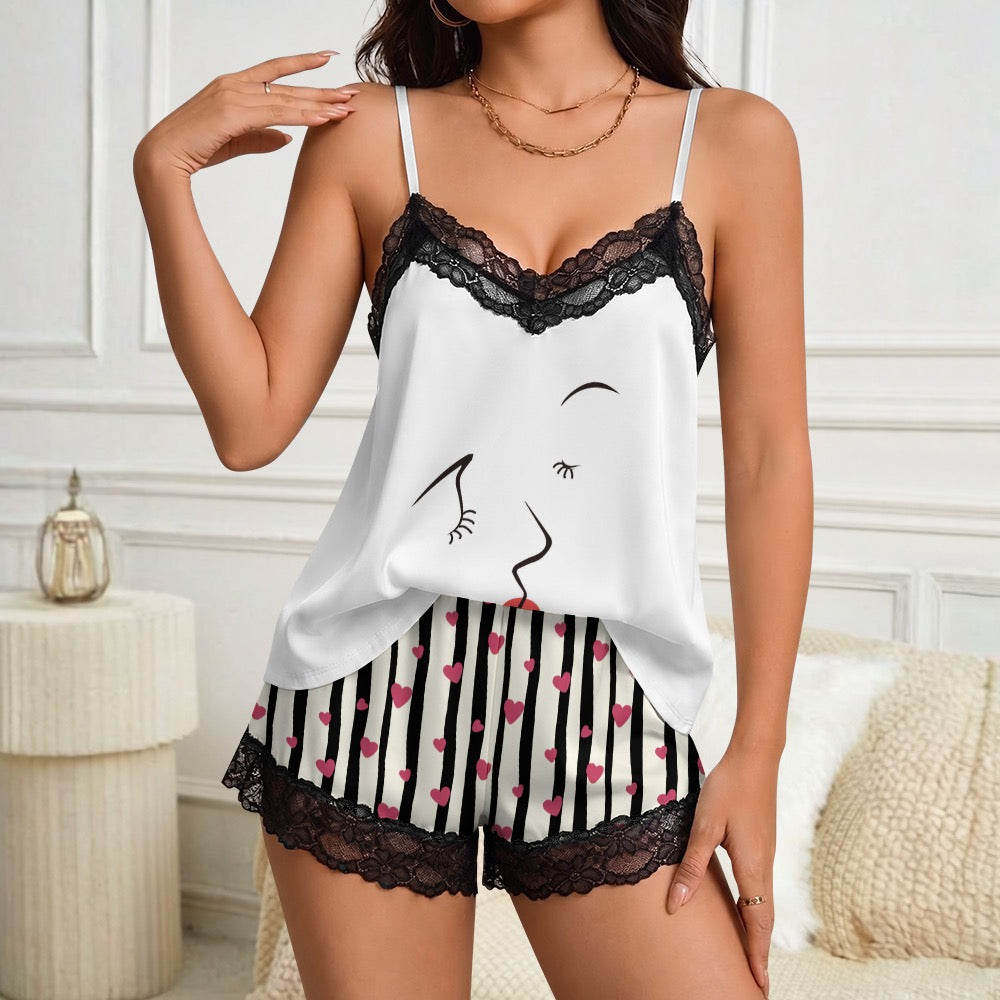 Lace-trimmed camisole and shorts pajama set