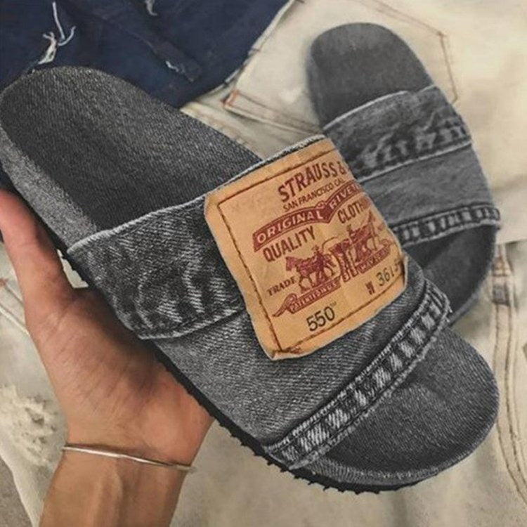 New Trendy Shoes, Summer Fashion Thick Sole, One word Matsuke, Cowboy Letter Cool Slippers for Women