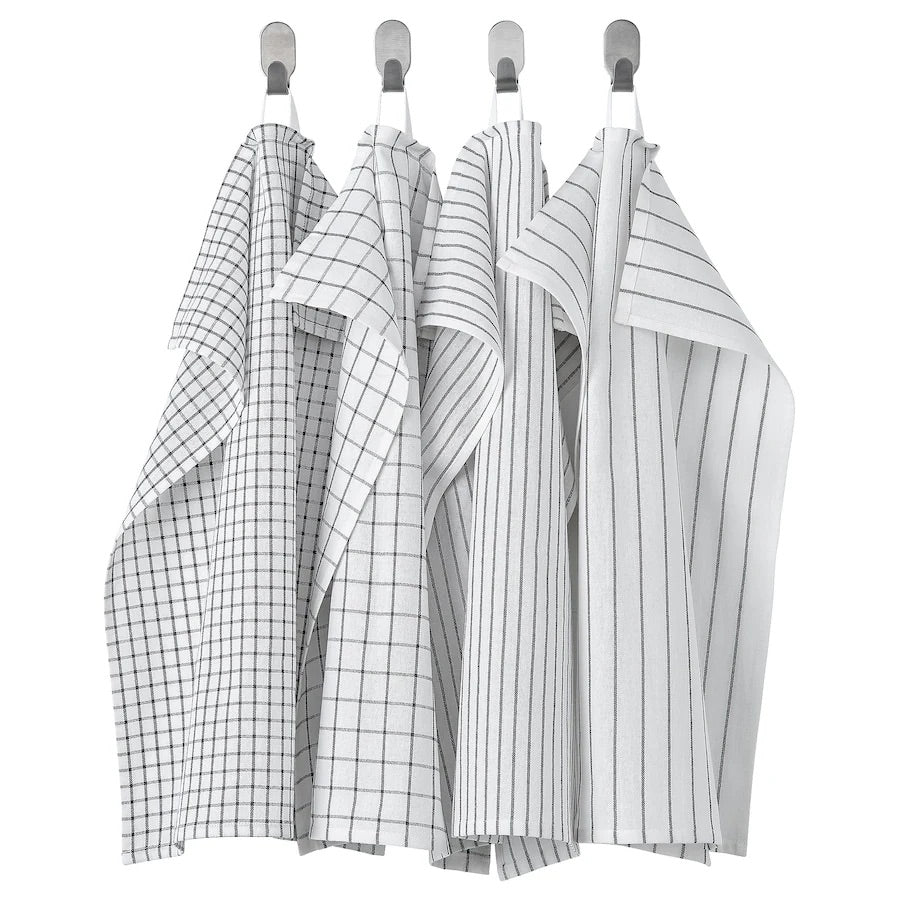 Tea towel, white/dark grey/patterned, 45x60 cm 4pcs