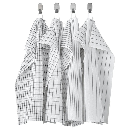 Tea towel, white/dark grey/patterned, 45x60 cm 4pcs