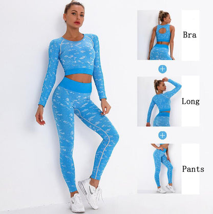 Yoga Sweat Suit 3 Pieces Sportswear Sports Shirts Bra Crop Long Top Leggings Pants Gym Fitness Tracksuit Workout Set