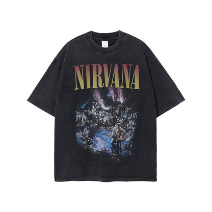 Retro washed and distressed band printed T-shirt for men and women couple Oversize short sleeved
