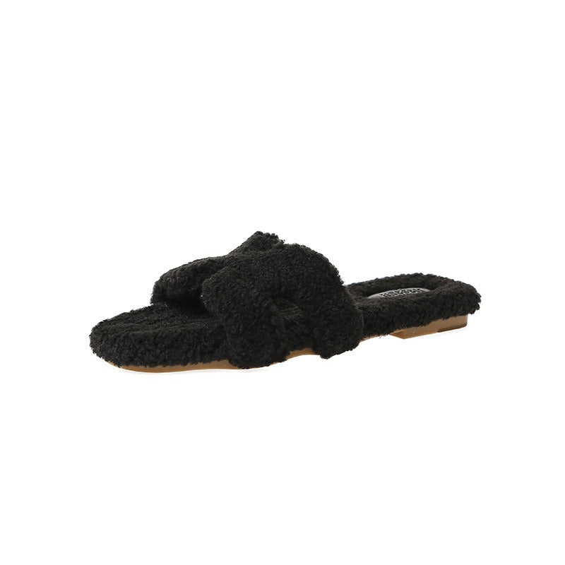 Wearing 7 colors lamb fur slippers for external wear women's H-shaped suede one line drag