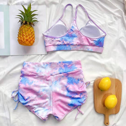 Swimsuit Ladies Sexy Tie-dye Print Suspenders Conservative Split Swimsuit + High Waist Shorts Swim Trunks Maillot De Bain Hot