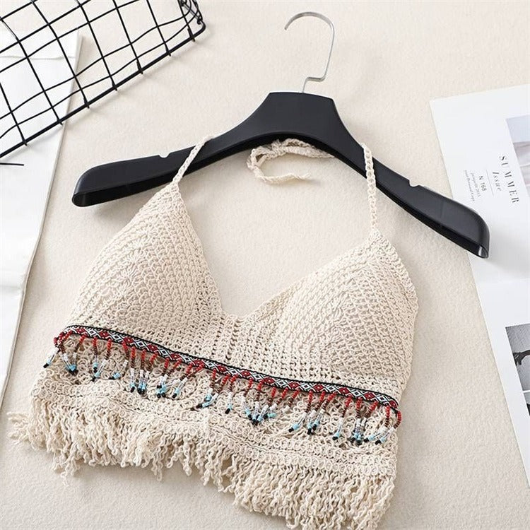 Hanging Neck Small Tank Top with Inner Strap and Chest Pad Open Back Hollow Bra Embroidered Tank Top Women's Short Top