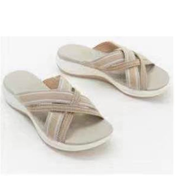 Flat bottomed sloping and fish mouthed flying woven cross sandals for women's slippers