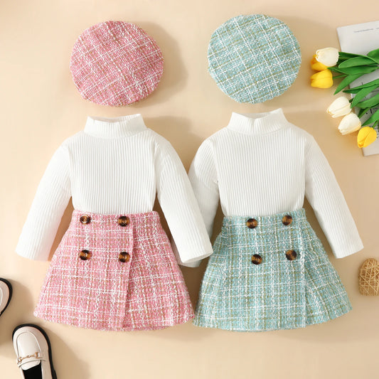 Baby Girls Clothes Sets Knit Long Sleeve Tops Plaid Skrits Hat Fall Spring Outfits