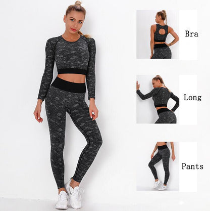 Yoga Sweat Suit 3 Pieces Sportswear Sports Shirts Bra Crop Long Top Leggings Pants Gym Fitness Tracksuit Workout Set