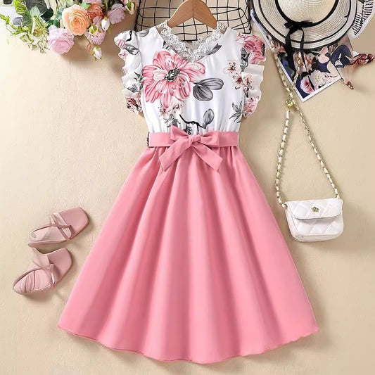 Girls' Flower Print Lace Dress